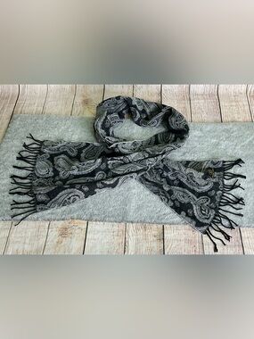 Black & Gray 100% Cashmere Paisley Fringe Scarf